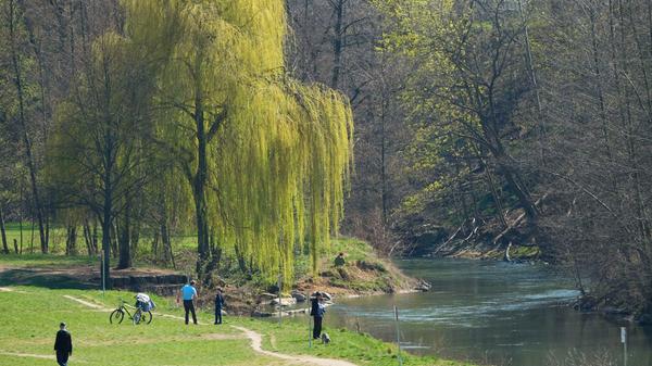 Auch am Westbad sind auf den Pegnitzwiesen keine picknickenden Gruppen anzutreffen. Die Zahl der Spaziergänger hält sich in Grenzen.