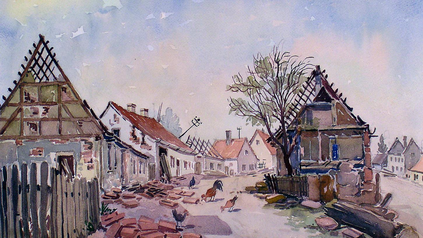 Das durch amerikanischen Artilleriebeschuss stark zerstörte Allersberg, wie der Maler Wilhelm Schmidt-Croté es sah. In Auftrag gegeben wurden seine Bilder von der US-Armee.