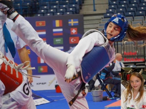 Isabel Beckstein kann im Taekwondo ebenso wie ihre Schwester schöne nationale und internationale Erfolge vorweisen - im Bild ebenfalls eine
 Kampfaktion sowie Isabel als Anfängerin im Jahr 2008.