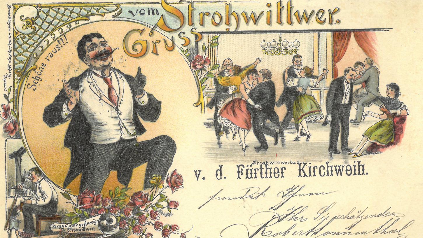 Postkarten dokumentieren Zeitgeschichte, wie z. B. der Strohwitwer zur Kärwa. Abbildung: Stadtarchiv Fürth