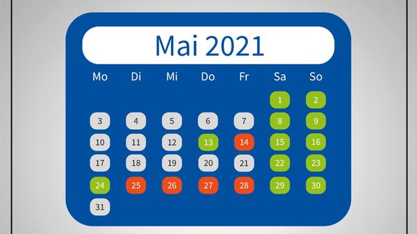 Leider fällt der Tag der Arbeit (1. Mai) auf einen Samstag, aber Christi Himmelfahrt (13. Mai) bleibt beständig am Donnerstag und bietet dadurch die optimale Gelegenheit für ein verlängertes Wochenende. Außerdem ergibt sich durch den Pfingstmontag (24. Mai) wieder die Möglichkeit, einen Urlaubstag einzusparen.