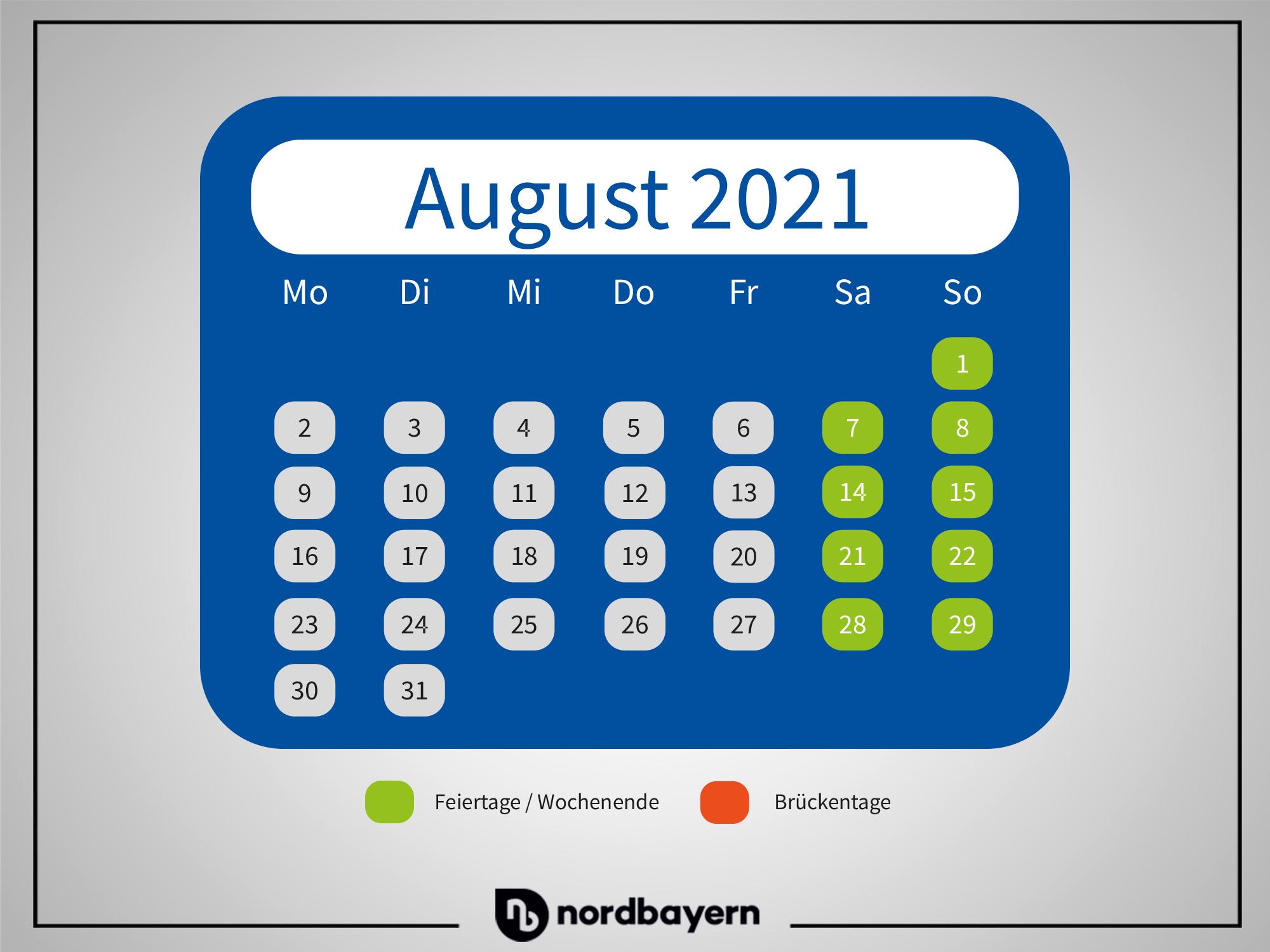 Mariä Himmelfahrt, der einzige Feiertag im August, der auch nur in katholischen Regionen Bayerns gefeiert wird, fällt mit dem 15. August auf einen Sonntag, sodass auch in diesem Monat keine Brückentage möglich sind.
