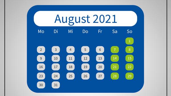 Mariä Himmelfahrt, der einzige Feiertag im August, der auch nur in katholischen Regionen Bayerns gefeiert wird, fällt mit dem 15. August auf einen Sonntag, sodass auch in diesem Monat keine Brückentage möglich sind.