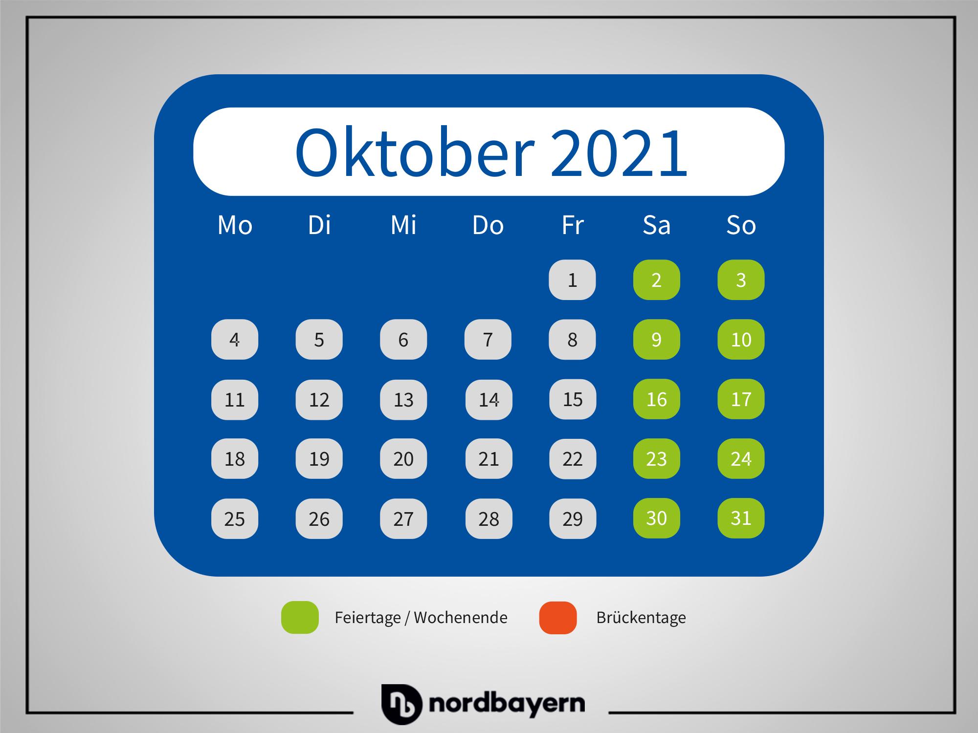 Im Oktober fällt leider der Tag der Deutschen Einheit (3. Oktober) auf einen Sonntag, wodurch wieder eine Möglichkeit einen Urlaubstag einzusparen, verloren geht.