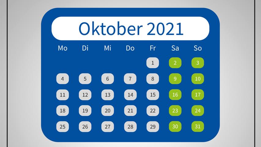 Im Oktober fällt leider der Tag der Deutschen Einheit (3. Oktober) auf einen Sonntag, wodurch wieder eine Möglichkeit einen Urlaubstag einzusparen, verloren geht.