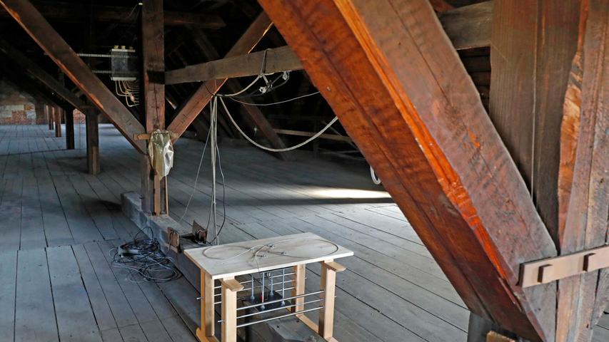 Die Apparatur für das Pendel hat Fabian Schramm aus einer Werkbank und ausrangierten Gardinenstangen gefertigt. Sie steht auf dem Dachboden der Johanniskirche.
