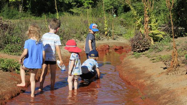 Fast direkt gegenüber der König-Ludwig-Quelle sieht man am nördlichen Pegnitzufer ein Bächlein in rostrotem Bett herabfließen.