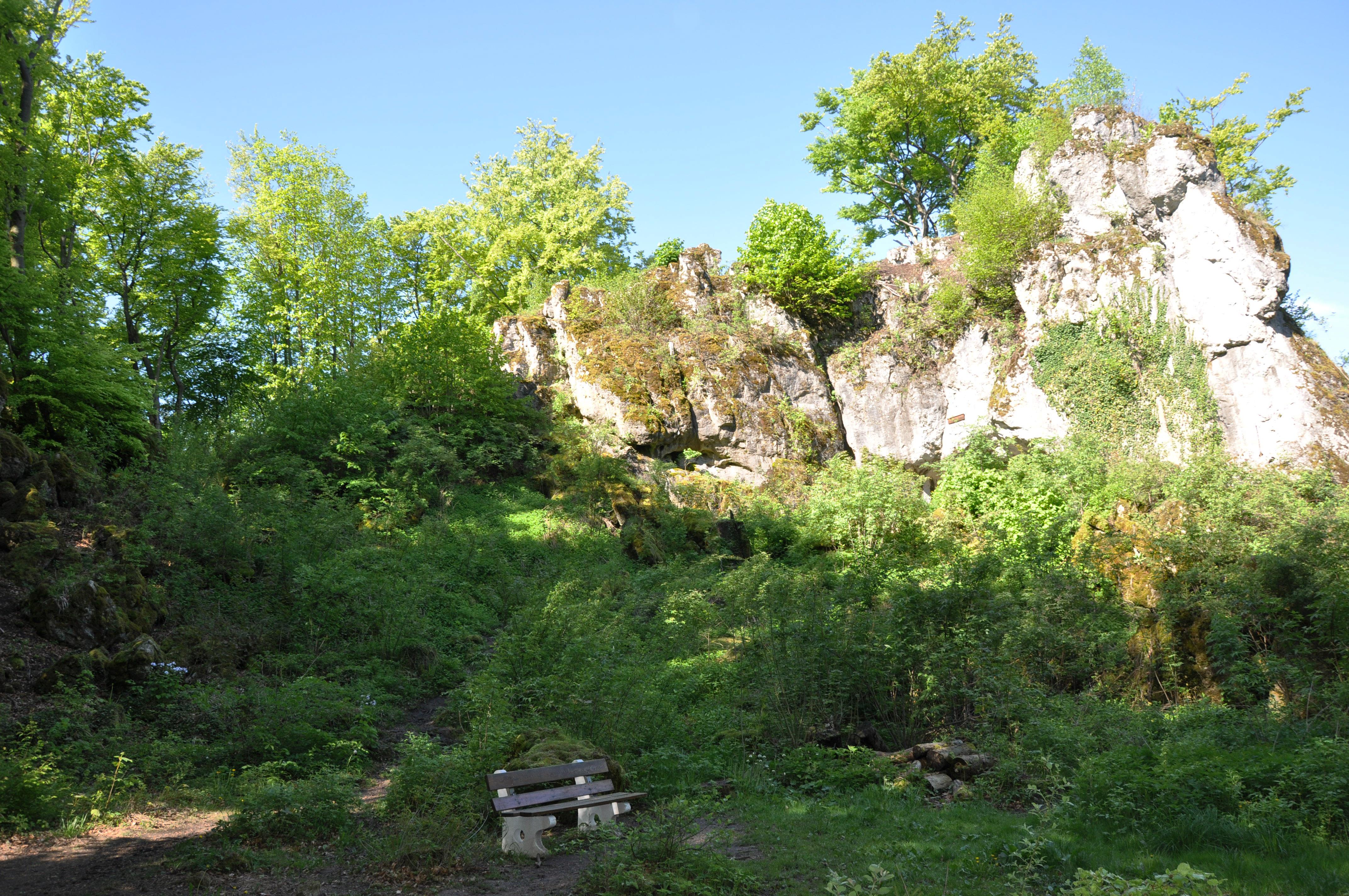 <p>Um die Karsthöhle bei Engeldhardsberg (Wiesenttal, im Zentrum der Fränkischen Schweiz) rankt sich die Sage einer Liebesgeschichte zwischen einem Jäger und einer Fee. Gehen Sie dieser nach und erkunden Sie die an zwei Seiten geöffnete Felsengrotte. Dabei können Sie die Reste einer 17 Meter langen Höhlenruine in bizarrer Felsszenerie entdecken.</p>
