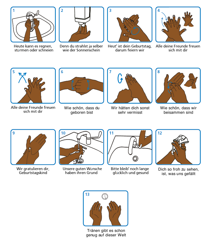 Kinder lernen sehr gut spielerisch. Mit der Webseite washyourlyrics.com können Sie kostenlos einen Händewasch-Plan mit dem Lieblingslied ihres Kindes erstellen. Das können Sie dann ausdrucken und in die Schultüte packen. So weiß es, wie und wie lang es sich die Hände waschen muss. Gehen Sie auch vorbildlich voran und waschen Sie sich zusammen mit Ihrem Kind die Hände. 