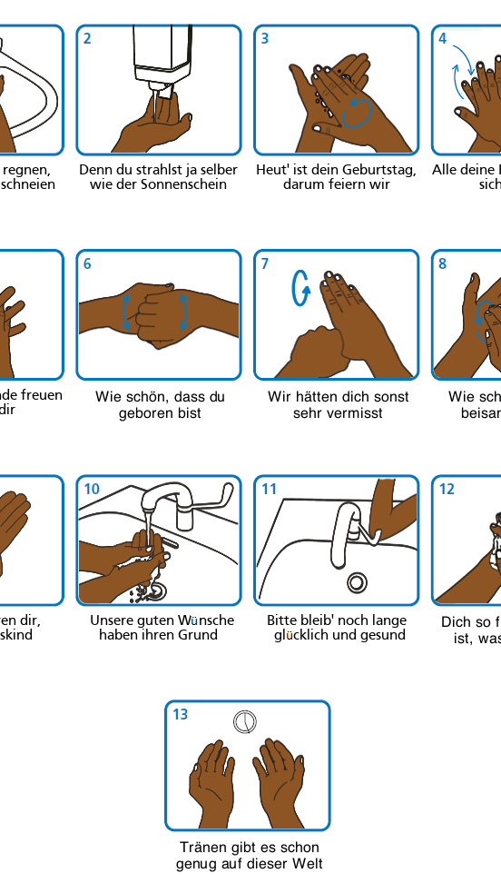 Kinder lernen sehr gut spielerisch. Mit der Webseite washyourlyrics.com können Sie kostenlos einen Händewasch-Plan mit dem Lieblingslied ihres Kindes erstellen. Das können Sie dann ausdrucken und in die Schultüte packen. So weiß es, wie und wie lang es sich die Hände waschen muss. Gehen Sie auch vorbildlich voran und waschen Sie sich zusammen mit Ihrem Kind die Hände.