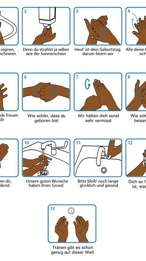 Kinder lernen sehr gut spielerisch. Mit der Webseite washyourlyrics.com können Sie kostenlos einen Händewasch-Plan mit dem Lieblingslied ihres Kindes erstellen. Das können Sie dann ausdrucken und in die Schultüte packen. So weiß es, wie und wie lang es sich die Hände waschen muss. Gehen Sie auch vorbildlich voran und waschen Sie sich zusammen mit Ihrem Kind die Hände. 