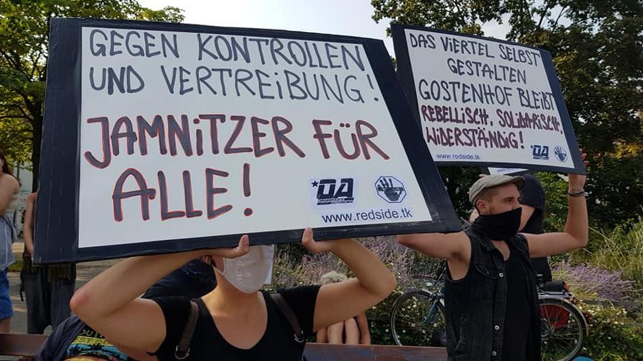 Demo am Jamnitzerplatz: 150 wehren sich gegen Gentrifizierung und Polizeigewalt. 