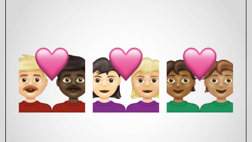 Für die schon bestehenden Pärchen-Emojis wird es ab dem nächsten Jahr einige neue Auswahlmöglichkeiten geben. Für jeden Part kann man dann verschiedene Hauttöne auswählen.