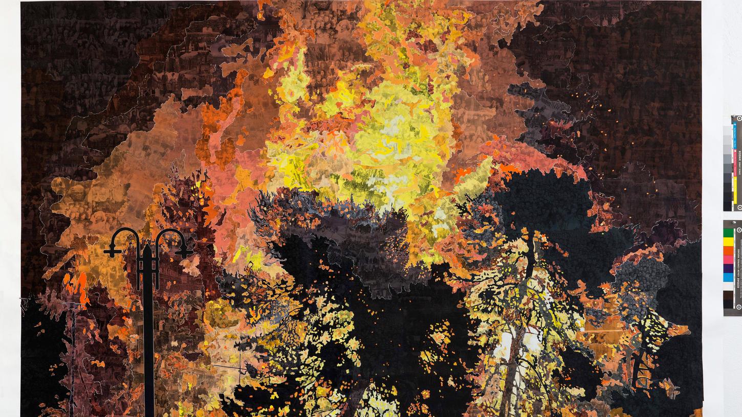 Nach dieser Collage ist die Ausstellung in der Kunsthalle Nürnberg benannt: "Es brennt" von Marcel Odenbach.