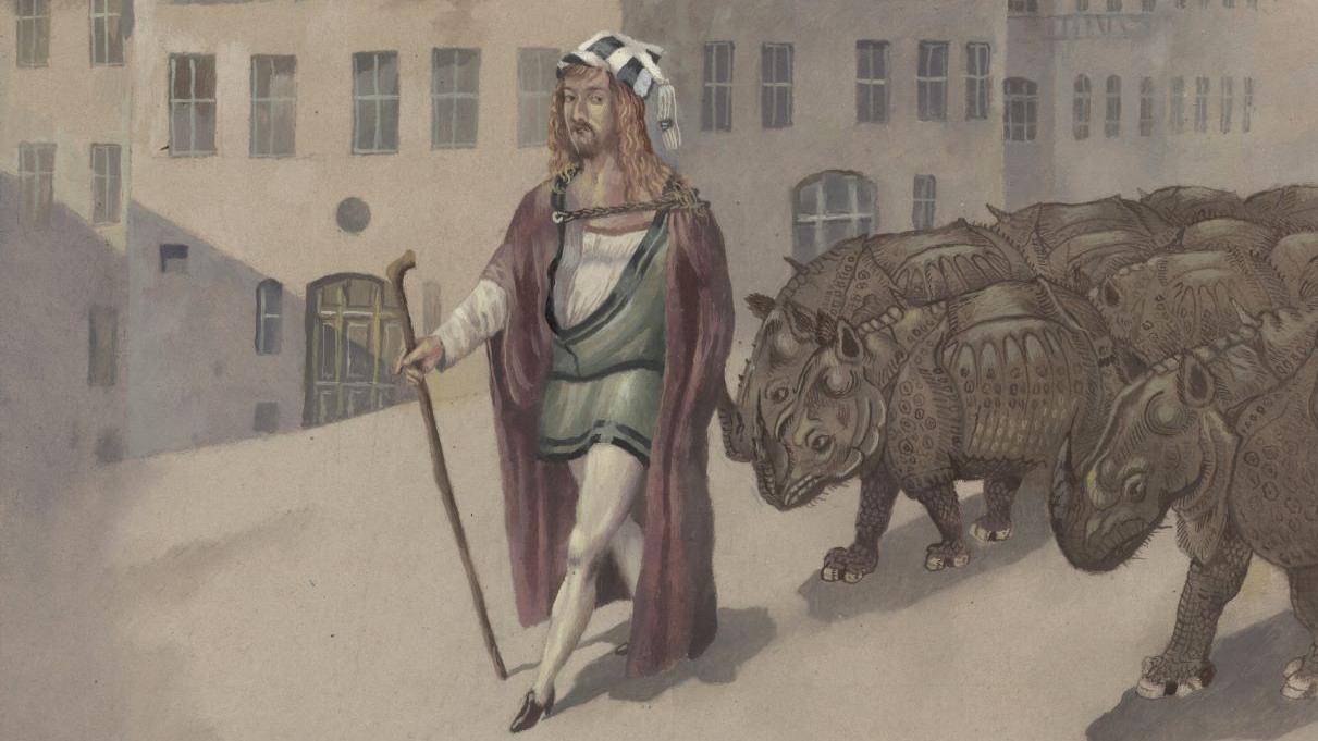 Auftritt Meister Dürer: Der rumänische Künstler Florian Doru Crihana lässt ihn hier vor seinem Haus als Hirt einer Nashorn-Herde vorüberziehen. 