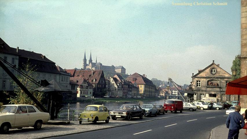 Ein Blick von der Kapuzinerstraße auf die Regnitz und das Kloster Michaelsberg aus den 1970er-Jahren.
