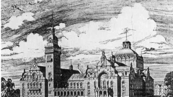 Vom Entwurf aus dem Jahr 1900 sollte letztlich nur ein Teil realisiert werden - auf der rechten Seite der Gebäudeanlage erkennt man bereits die Form des heutigen Opernhauses. Vom Aussehen her zählt es zum Historismus, also einer Architekturepoche, die frühere Baustile zitiert. Der linke Abschnitt war als Festsaal gedacht, doch dieser wurde nie gebaut.