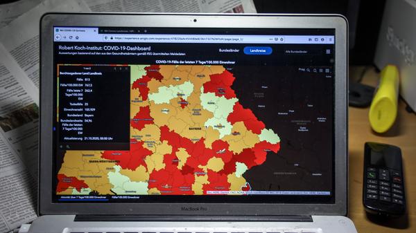 Corona Hotspots in Bayern DEU, Deutschland, Bayern, 21.10.2020: Robert Koch-Institut: COVID-19-Dashboard. Inzidenz über