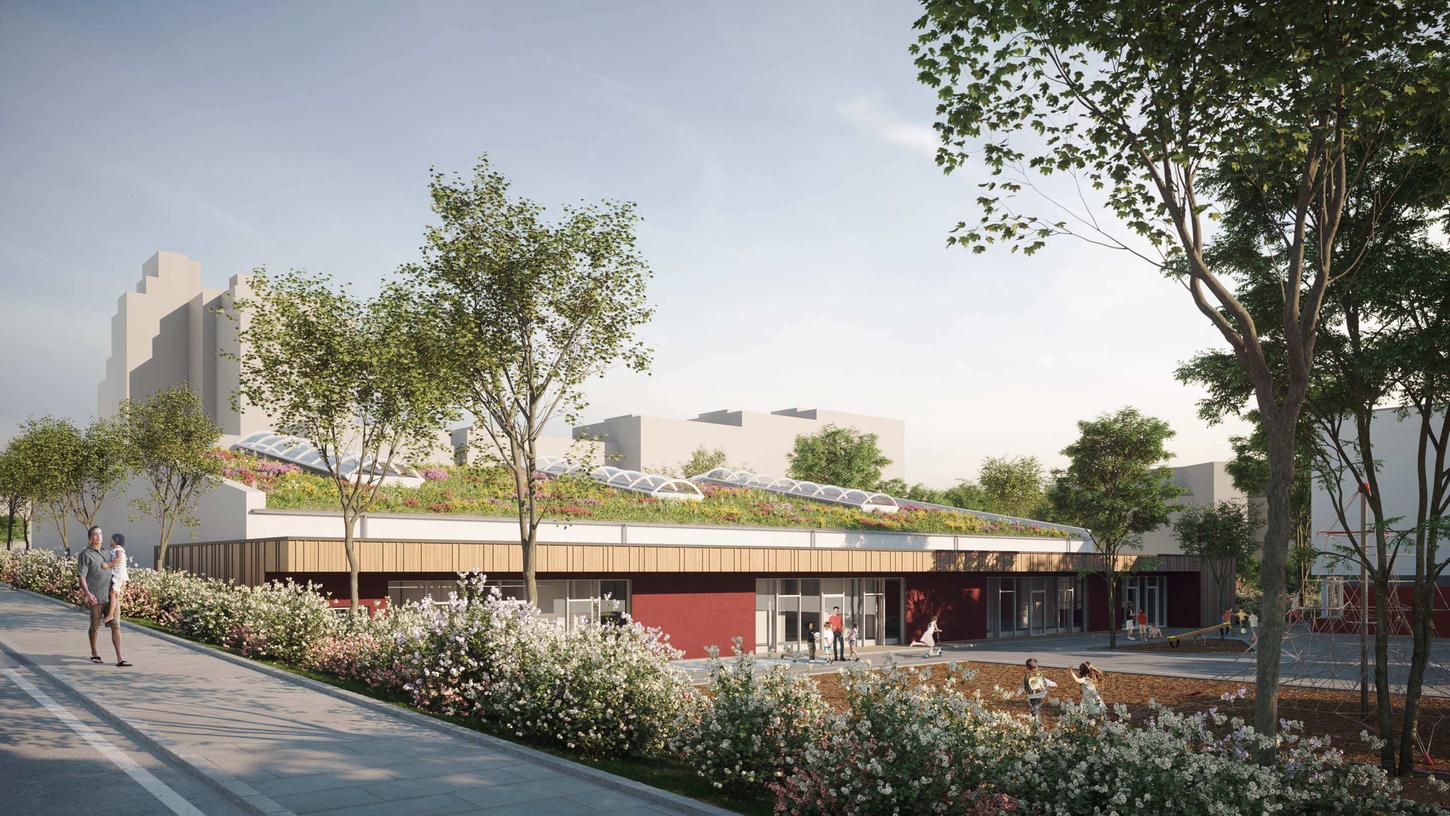 So sieht der Entwurf für die neue Dreifachturnhalle an der Seeackerschule aus (mit Blick von der Seeackerstraße auf Schulhof und Sporthalle).
