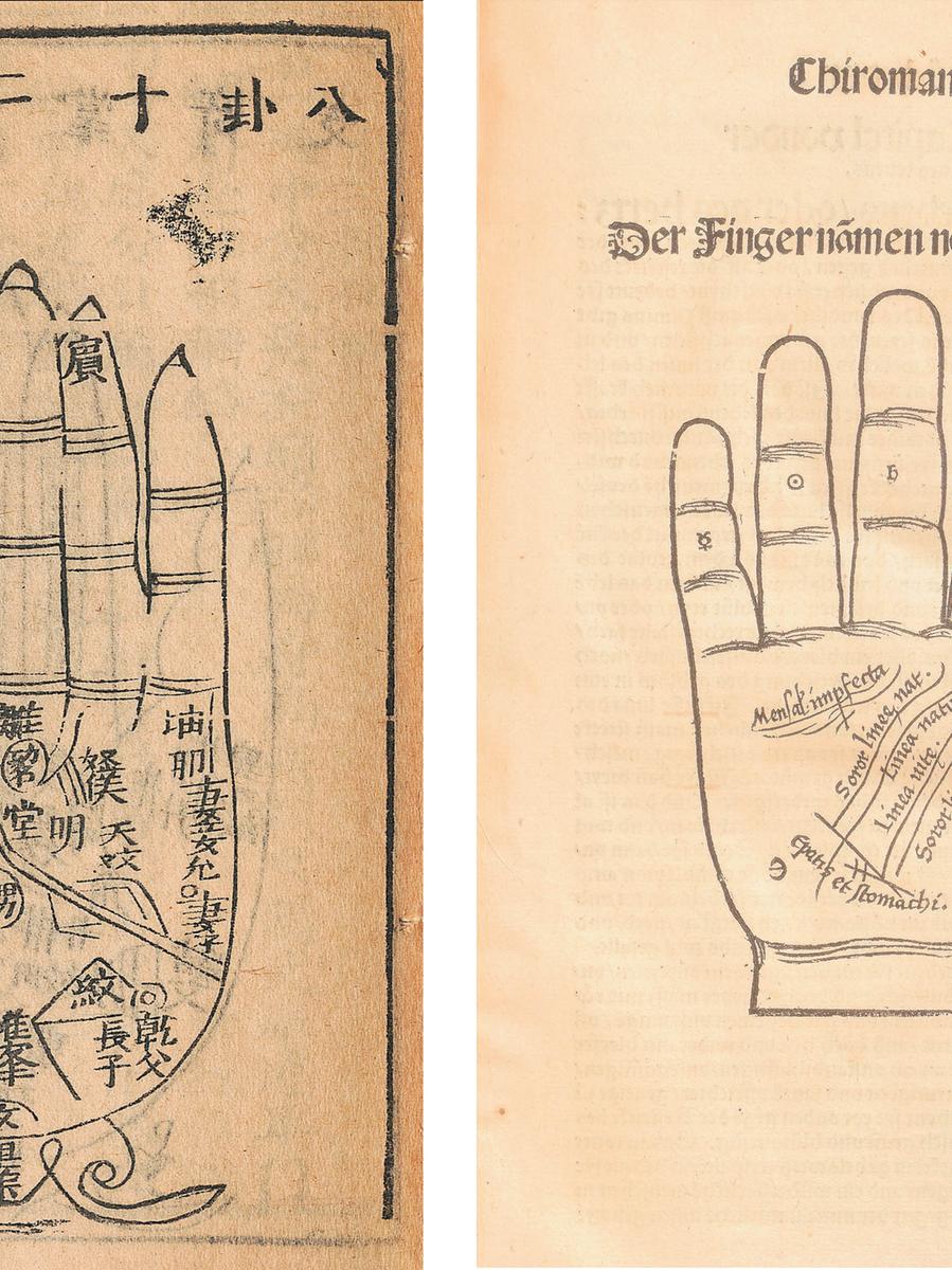 links: Jade-Hand aus der Physiognomik des Mayi, 1599, Bayerische Staatsbibliothek, München  rechts: Darstellung der Handlinien in: Die Kunst der Chiromantzey von Johannes ab Indagine, 1523, GNM   