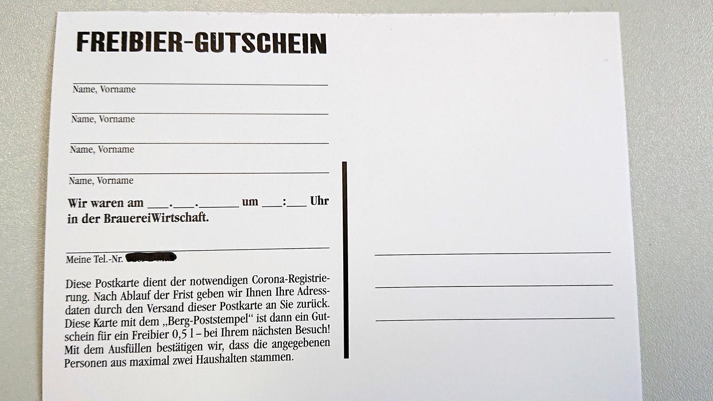 Ein "Freibier-Gutschein" soll die Gäste der Brauerei Berg zu korrekten Kontaktangaben motivieren.