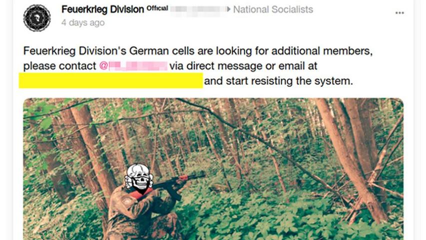 Dieses Bild soll Fabian D. alias "Heydrich" im Chat der "Feuerkrieg Division" gepostet haben. Der Gab.ai-Account der Feuerkrieg Division ist ein soziales Netzwerk mit Sitz in Philadelphia in den USA. Der Seite wird vorgeworfen, Rassisten eine Plattform zu bieten, Gab selbst verweist auf das Recht auf freie Meinungsäußerung. Dieses Bild soll Fabian D. alias "Heydrich" im Chat der "Feuerkrieg Division" gepostet haben. Der Gab.ai-Account der Feuerkrieg Division ist ein soziales Netzwerk mit Sitz in Philadelphia in den USA. Der Seite wird vorgeworfen, Rassisten eine Plattform zu bieten, Gab selbst verweist auf das Recht auf freie Meinungsäußerung.