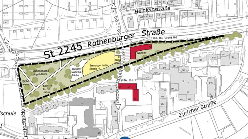Hier ist Platz für das neue Kinder- und Jugendhaus samt Halle und Sportflächen. Grafik: Stadt Nürnberg