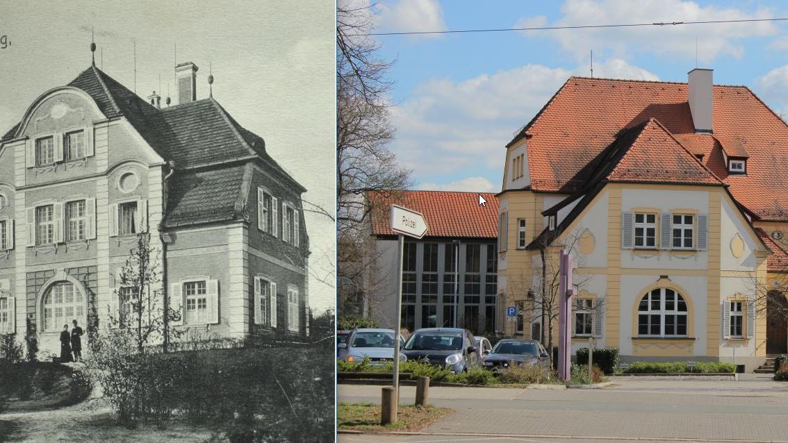 Die Villa Baumer (Nr. 18), 1920 vom Garten an der Pegnitz und 2015 vom Parkplatz an der Erlenstegenstraße aus gesehen.