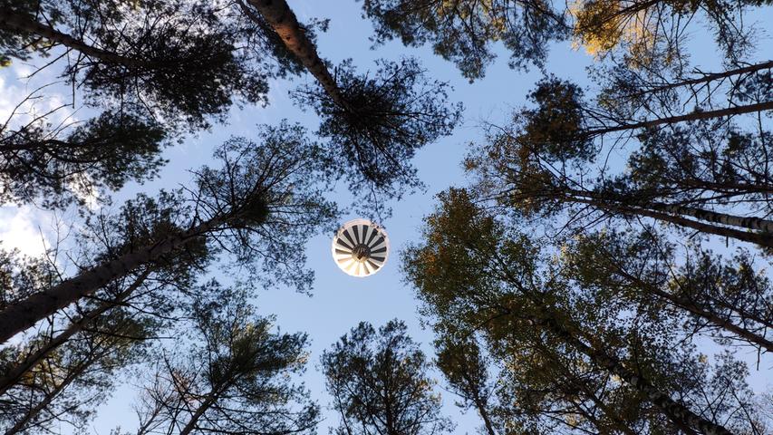 Der Blick nach oben lohnt sich: Ein Heißluftballon fährt über die Baumkronen.