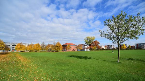 Ein Blick in den Südstadtpark mit Musikschule und Kopfbau der ehemaligen Kaserne im Hintergrund...