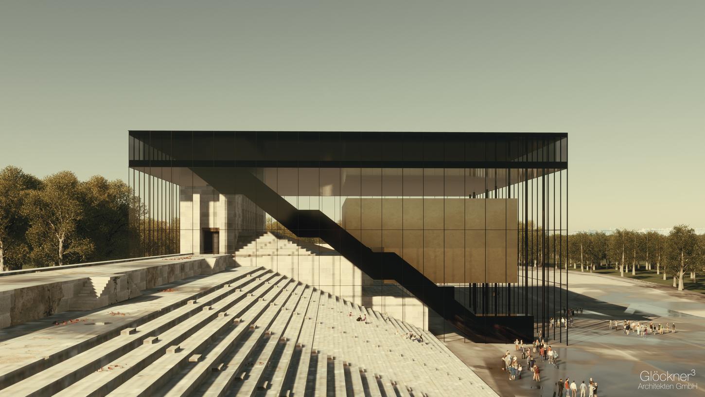 Glöckner³ Architekten haben einen Vorschlag für den Umgang der Tribüne: Sie wollen sie mit einem Glaskubus überbauen.