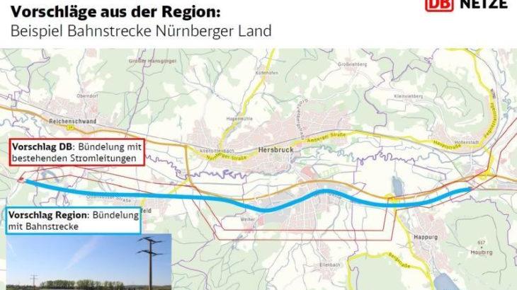 Der rote Korridor zeigt den DB-Vorschlag, den Bahnstrom auf den bestehenden Freileitungen mitzuverlegen. Die Bürger wünschen sich aber lieber eine Trasse direkt an den Gleisen (blaue Linie). Das könnte dann zum Beispiel wie im kleinen Bild links aussehen. Der rote Korridor zeigt den DB-Vorschlag, den Bahnstrom auf den bestehenden Freileitungen mitzuverlegen. Die Bürger wünschen sich aber lieber eine Trasse direkt an den Gleisen (blaue Linie). Das könnte dann zum Beispiel wie im kleinen Bild links aussehen.