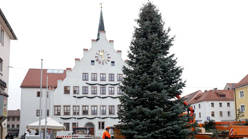 Weihnachtsbaum vor dem Rathaus steht