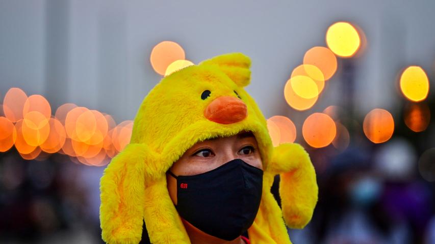 Eine Anhängerin der Demokratiebewegung in Thailand trägt während einer Protestaktion in Bangkok eine Kopfbedeckung, die an ein gelbes Quietsche-Entchen erinnert. Diese harmlos wirkende Kinderspielzeug ist in dem fernöstlichen Land inzwischen zum Symbol für den Widerstand gegen Premier Prayut Chan-o-cha avanciert, der sich 2014 an die Macht geputscht hatte.