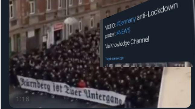 Wie einfach man Fake News verbreiten kann, zeigt dieses Beispiel: Ein einfacher Blick auf den Fan-Banner genügt, um zu erkennen, dass es sich hier nicht um eine aktuelle Lockdown-Demo handelt. Wie einfach man Fake News verbreiten kann, zeigt dieses Beispiel: Ein einfacher Blick auf den Fan-Banner genügt, um zu erkennen, dass es sich hier nicht um eine aktuelle Lockdown-Demo handelt.