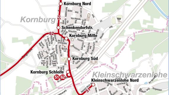 Die Linie 51 wird von Montag bis Freitag zwischen 6 und 20.30 Uhr sowie samstags zwischen 8 und 20.30 Uhr von Kornburg nach Kleinschwarzenlohe Nord zu den dortigen Einkaufsmöglichkeiten verlängert.