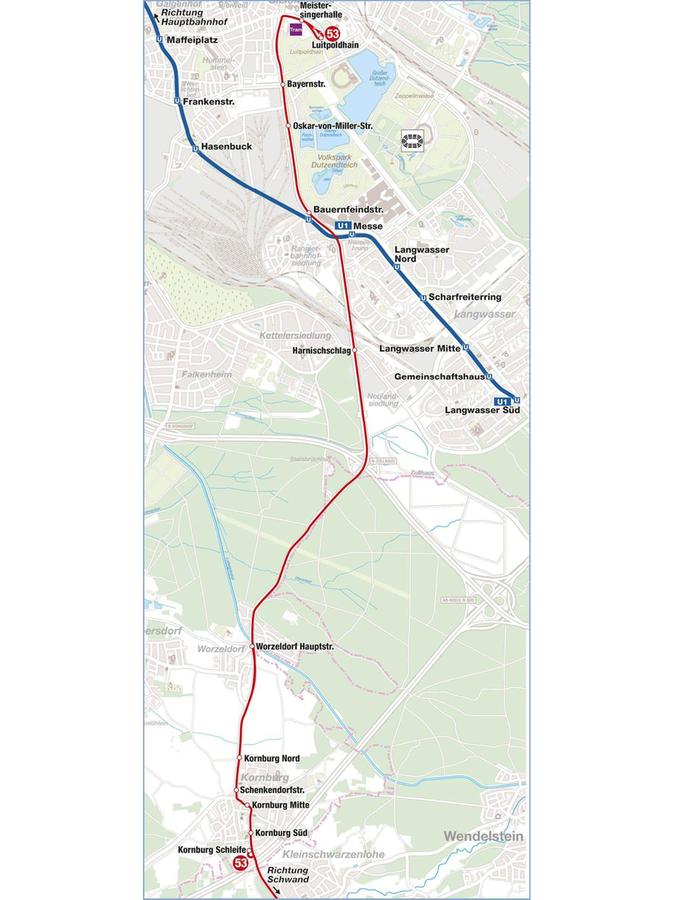 Von der Meistersingerhalle über Kornburg bis nach Schwand: Die neue Buslinie 53 macht's möglich.