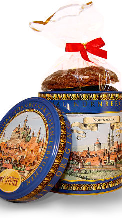 Eine dekorative Geschenkdose mit Nürnberger Motiven - gefüllt mit Original Nürnberger Elisen-Lebkuchen 3-fach sortiert. Lebkuchen sind einfach immer ein gutes Geschenk.  Hier geht es zum Produkt.
