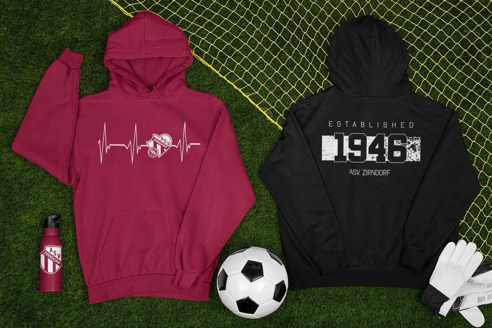 Der ASV Zirndorf bietet einen Herzfrequenz-Hoodie und eine Flasche sowie einen dunklen Hoodie mit dem Gründungsjahr des Vereins.  