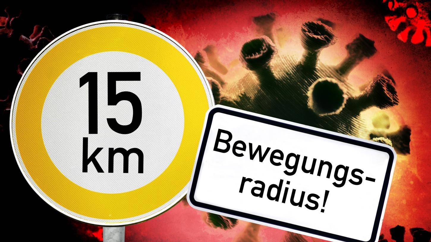FOTOMONTAGE, Schild mit Aufschrift 15 km und Schild mit Aufschrift Bewegungsradius *** PHOTOMONTAGE, sign with inscription 15 km and sign with inscription radius of movement FOTOMONTAGE, Schild mit Aufschrift 15 km und Schild mit Aufschrift Bewegungsradius *** PHOTOMONTAGE, sign with inscription 15 km and sign with inscription radius of movement