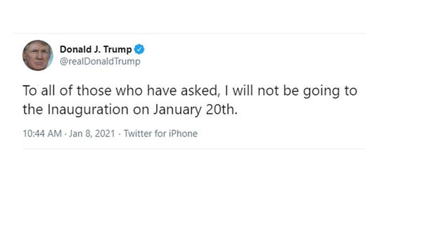 Zu Deutsch: "An Alle, die mich gefragt haben: Ich werde nicht bei der Amtseinführung am 20. Januar dabei sein." Zumal er nicht als neu gewählter, sondern ehemaliger Präsident bei der Inauguration-Zeremonie dabei gewesen wäre: Einige sahen in dieser Nachricht einen Aufruf an seine Anhänger, dieses Feierlichkeiten zu stören.