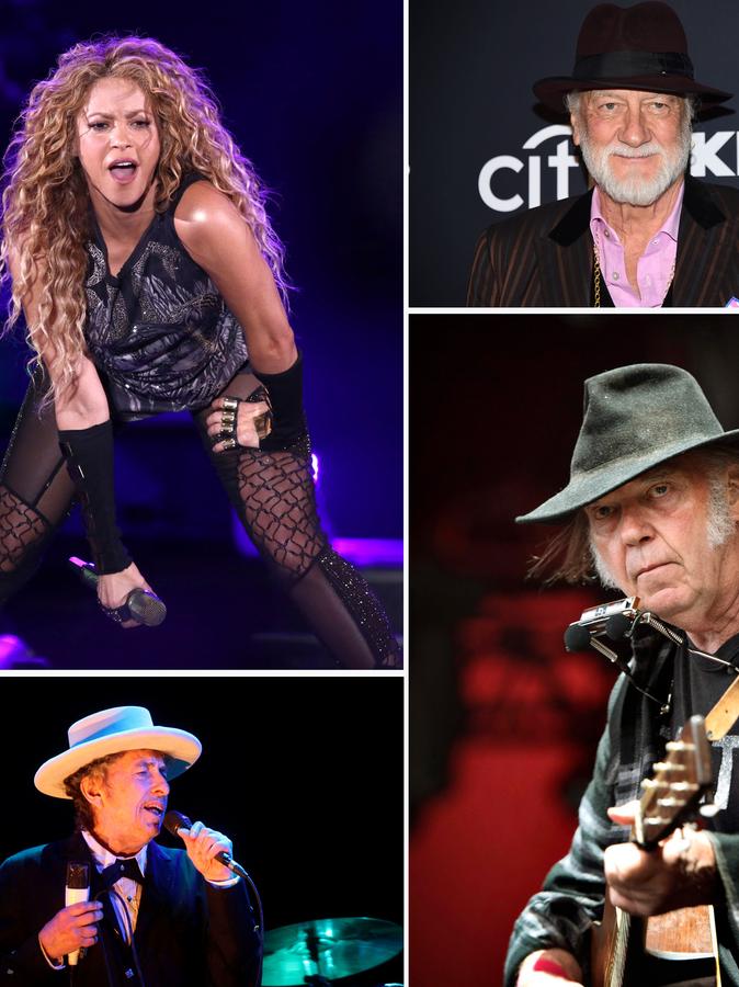 Pop-Helden, die die Rechte an ihren Songs abgetreten haben: Die Sängerin Shakira, Mick Fleetwood von Fleetwood Mac (oben), Bob Dylan (unten links) und Neil Young.