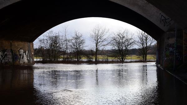 Die Rednitz ist über die Ufer getreten und überschwemmt Wiesen und Wege rund um die Siebenbogenbrücke.