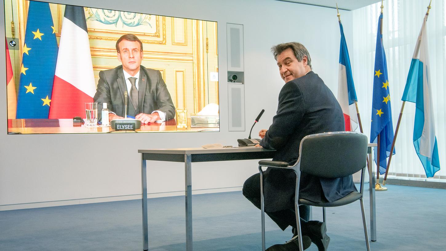 Bei einer Videokonferenz mit Frankreichs Präsident Emmanuel Macron gab sich Markus Söder bereits staatsmännisch. 