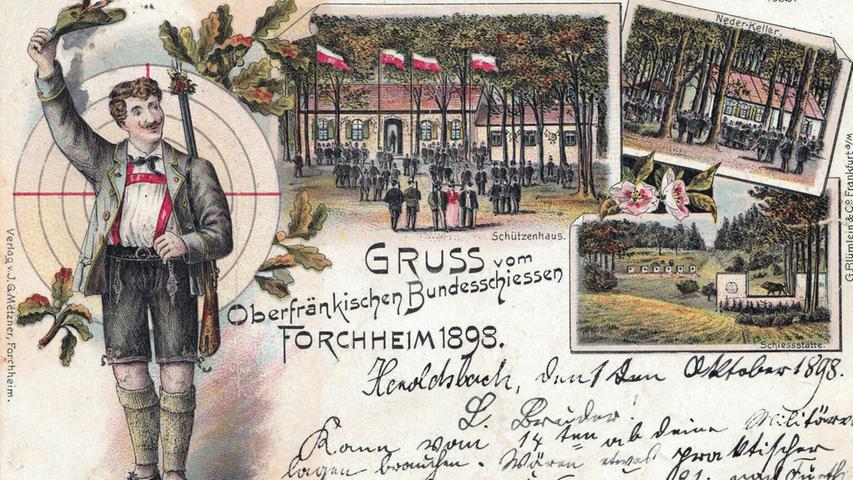 Ein Gruß vom oberfränkischen Bundesschießen, das 1898 in Forchheim stattfand, wie diese alte Ansichtskarte dokumentiert.