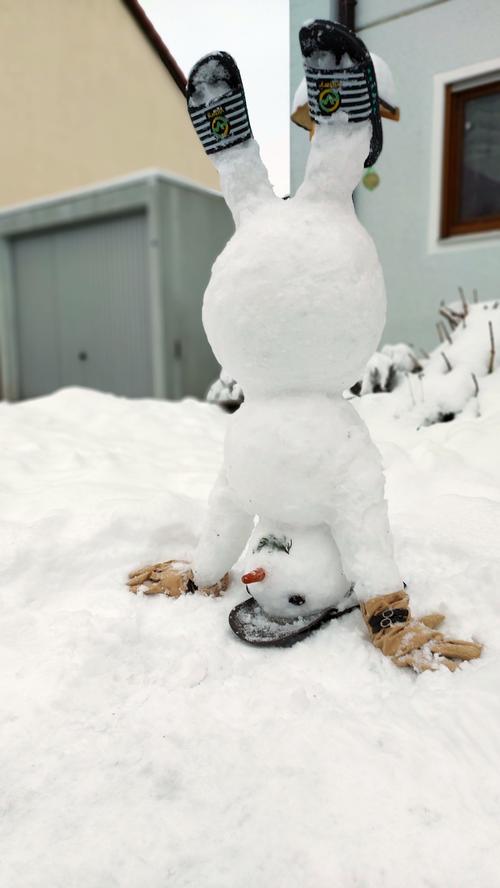 Dieser Schneemann in Poxdorf macht vor lauter Freude über den reichlichen Schneefall und die aktuellen coolen Temperaturen sogar einen Kopfstand. 