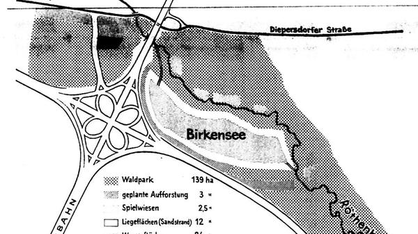 Die damaligen Planungen für das zukünftige „Erholungszentrum Birkensee“ sind auf dieser Karte skizziert - sie wurden jedoch nicht in dieser Form verwirklicht. Neben Spielwiesen und Liegeflächen waren auch Campingplätze, eine Raststätte oder ein Motel und eine große Zahl von Parkplätzen vorgesehen. Außerdem war geplant, aus den zwei großen Sandgruben ein einziges großes Gewässer zu formen, so wie es auf der Karte zu sehen ist. Dieses Vorhaben wurde aufgegeben - heute befinden sich dort zwei Seen. Der Kleine Birkensee steht unter Naturschutz und darf nicht zum Baden genutzt werden.