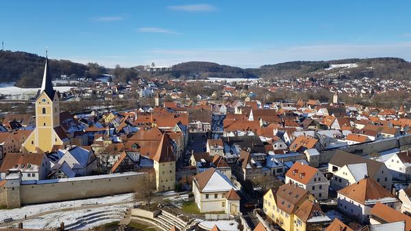 Blick auf Berching vom Turm der Kirche aus.