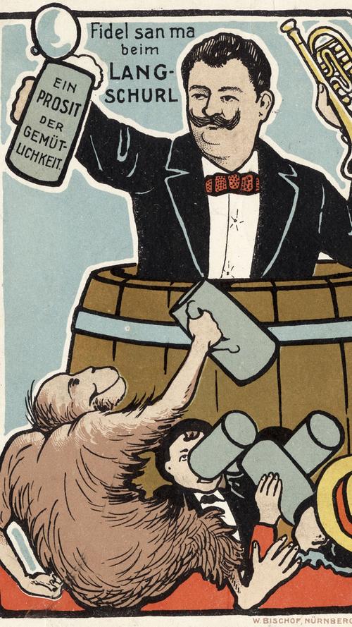 Lang stand gern im Mittelpunkt des Treibens. Auf einer Oktoberfest-Postkarte aus dem Jahr 1899 ist er in einem Bierfass dargestellt, ein Bierkrug mit der Aufschrift „Ein Prosit der Gemütlichkeit“ in der rechten, eine Trompete in der linken Hand. Ihm zu Füßen liegt ein ihm zuprostender Affe, dazu der Spruch „Fidel san ma beim Lang-Schurl“.