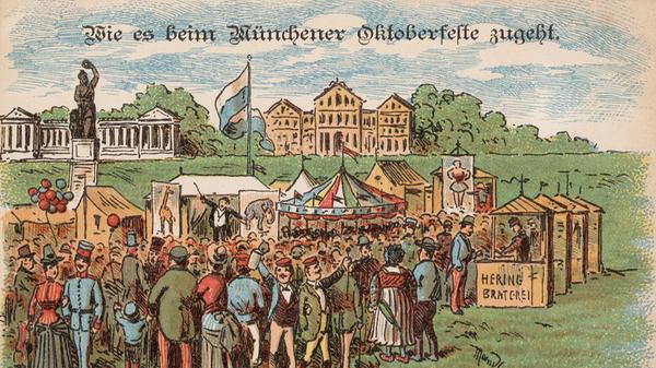 Auf dem Nürnberger Volksfest, das damals noch auf dem Ludwigsfeld gefeiert wurde (gegenüber der heutigen Bundesagentur für Arbeit), betrieb er ab dem Jahr 1901 eine Bierhalle. Doch Georg Lang fühlte sich zu Größerem berufen: Er wollte auf dem Münchner Oktoberfest groß herauskommen. Eigentlich wurde das Bier dort damals noch in kleinen Buden ausgeschenkt. Die riesigen Festzelte von heute kannte man damals auf der Wiesn noch nicht - wie man auch auf dieser Postkarte aus dem Jahr 1886 sieht.